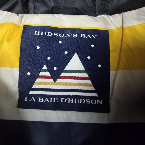 Hudson's Bay Coat Womens Small Black Long Puffer Hooded Down Striped Lightweight - Picture 3 of 16